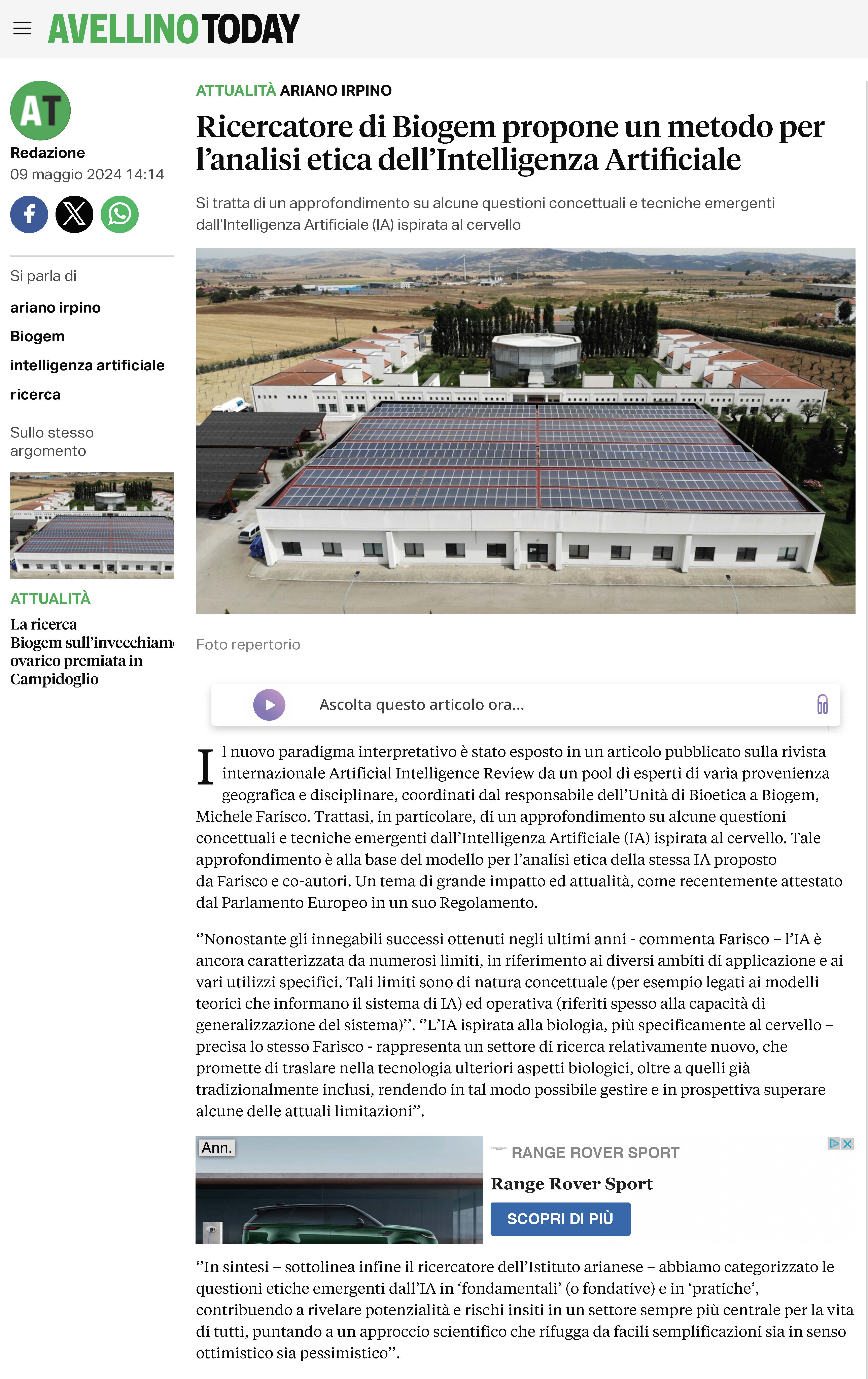 Ricercatore di Biogem propone un metodo per l’analisi etica dell’Intelligenza Artificiale